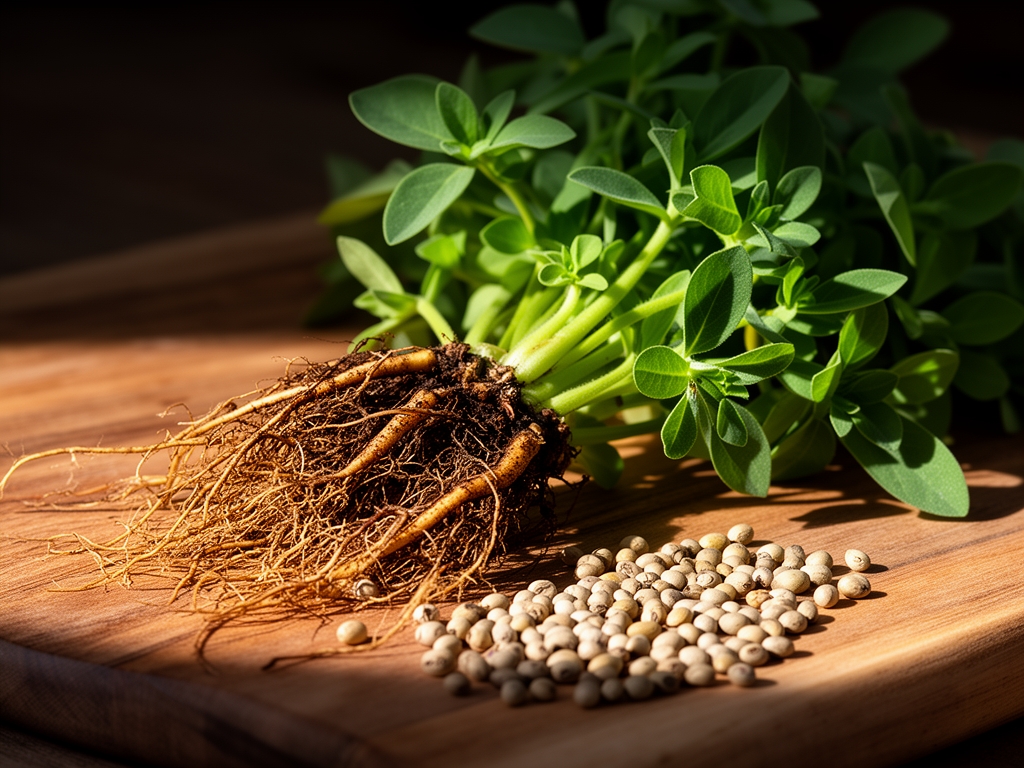 Zbliżenie na korzenie i liście rośliny ashwagandha na drewnianej desce z rozrzuconymi nasionami, oświetlone bocznym naturalnym światłem podkreślającym tekstury