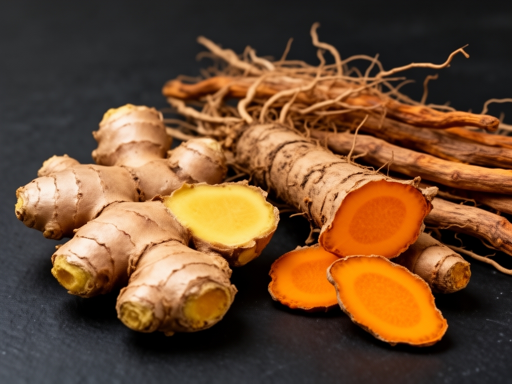 Przekrojone korzenie i bulwy roślin leczniczych — imbir, kurkuma i korzeń lukrecji na ciemnym tle z widoczną teksturą i kolorem