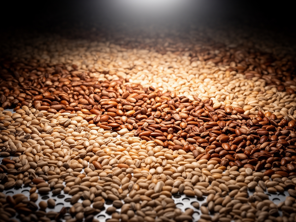Makrograficzna fotografia różnorodnych nasion i ziaren w odcieniach brązowym i beżowym na strukturalnej powierzchni z dramatycznym oświetleniem górnym