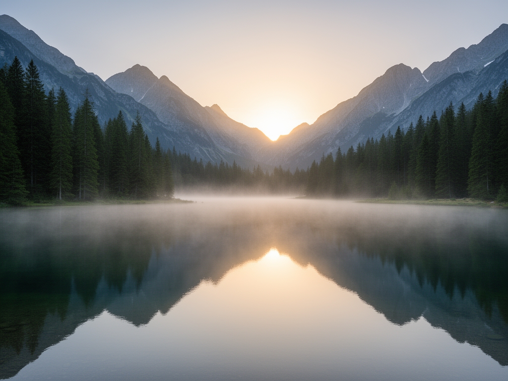 Spokojne jezioro górskie o wschodzie słońca z delikatną mgłą nad lustrem wody, otoczone iglastymi lasami i skalistymi szczytami