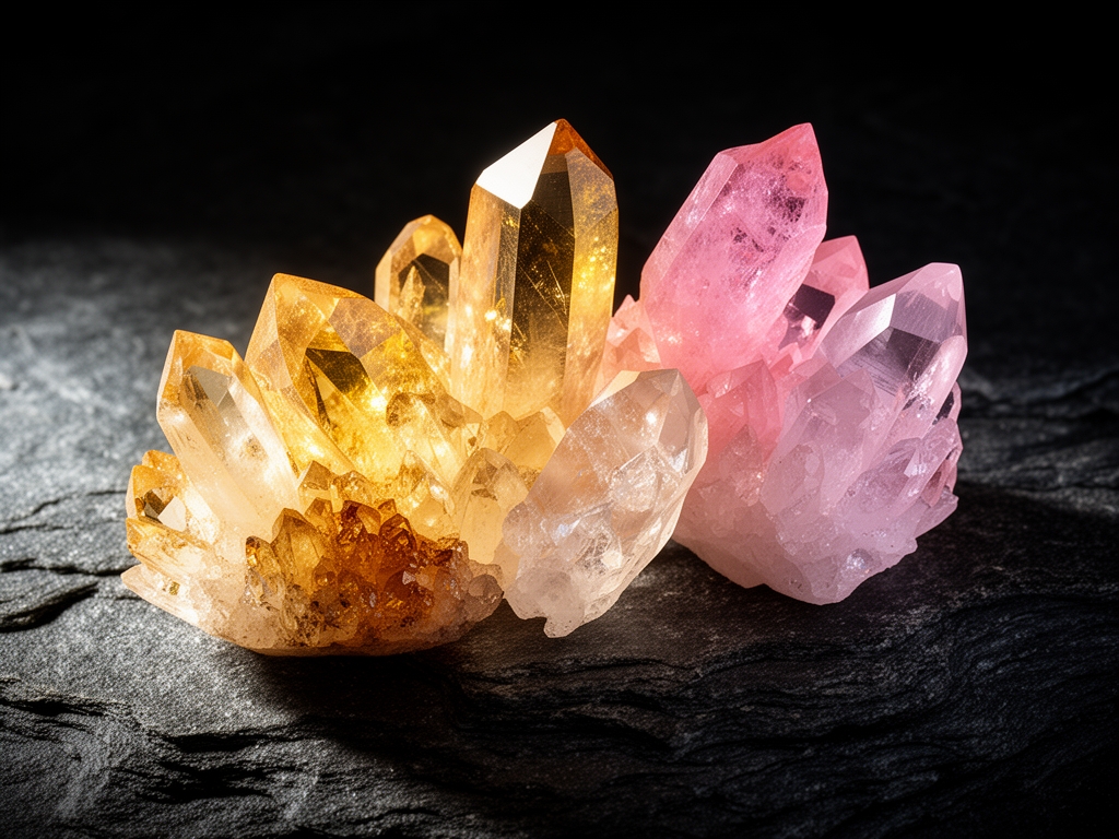 Kryształy i minerały naturalne w odcieniach złotym, różowym i przezroczystym, ułożone na ciemnej teksturze kamienia z dramatycznym oświetleniem bocznym