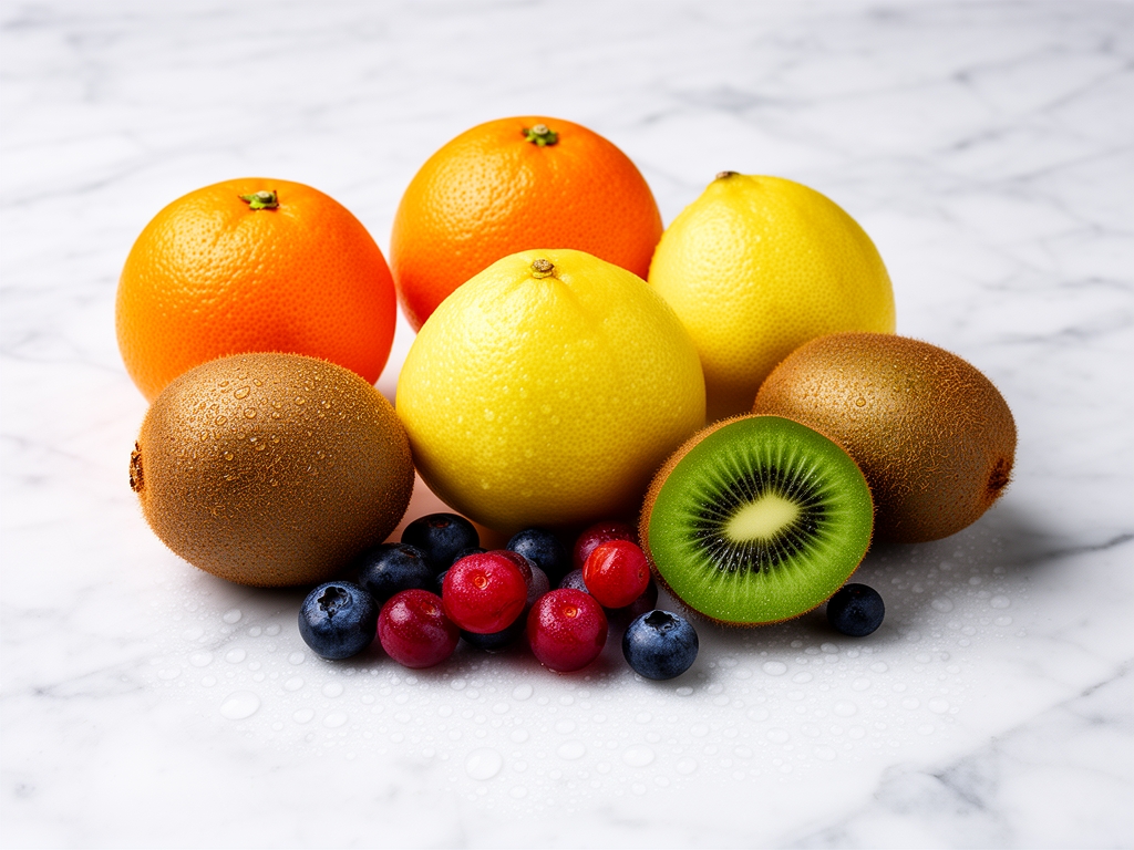 Kolorowe naturalne owoce bogate w witaminę C — pomarańcze, cytryny, kiwi i jagody rozłożone na białym marmurowym tle z kroplami rosy